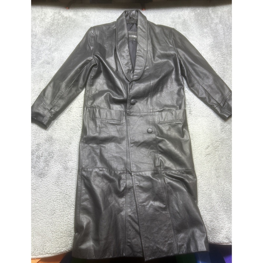 Vintage Comint Trench‎ Coat Womens S Genuine Leather Long Button Lining Pockets